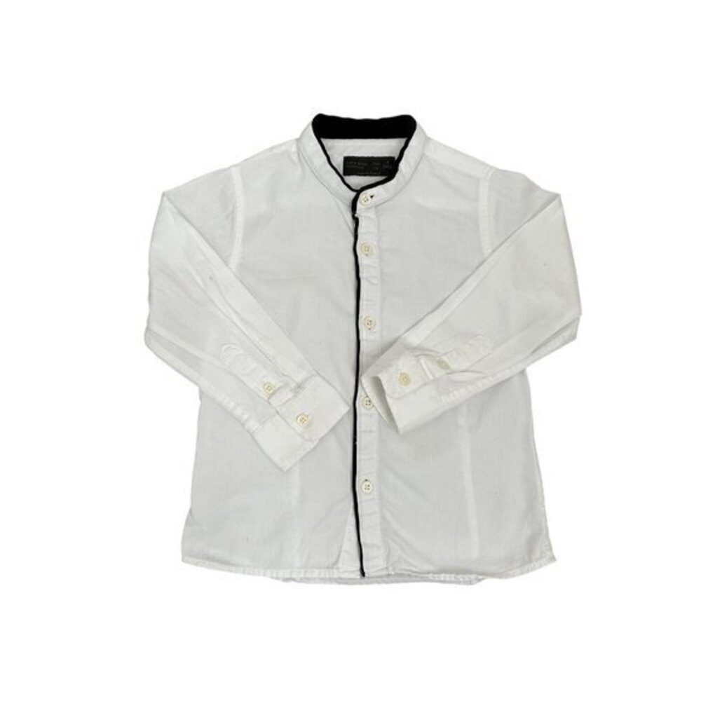 Zara Boys White Long Sleeve Shirt With Black Trim Mandarin Collar Size 4 100% Co